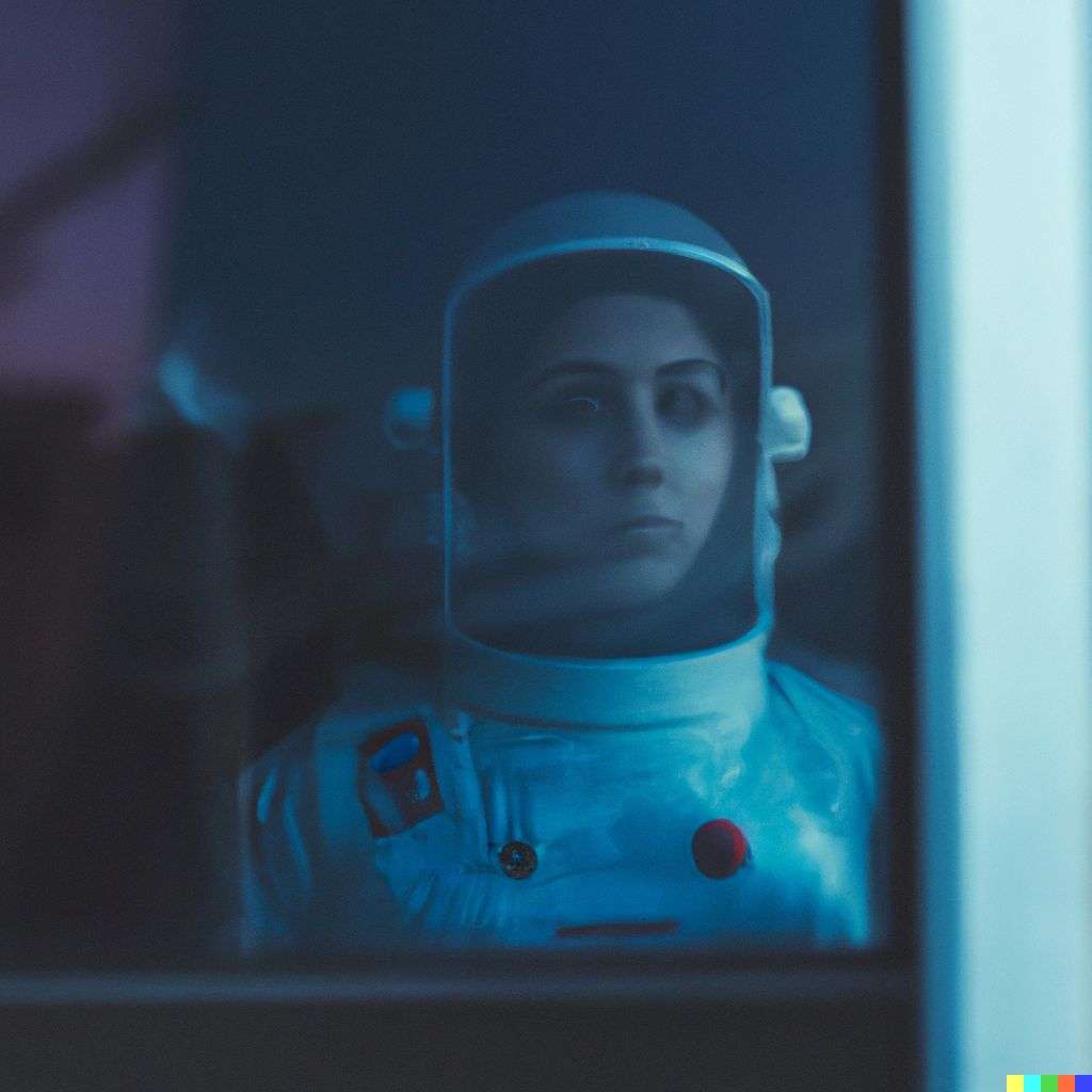 a photograph of an astronaut seen through a window